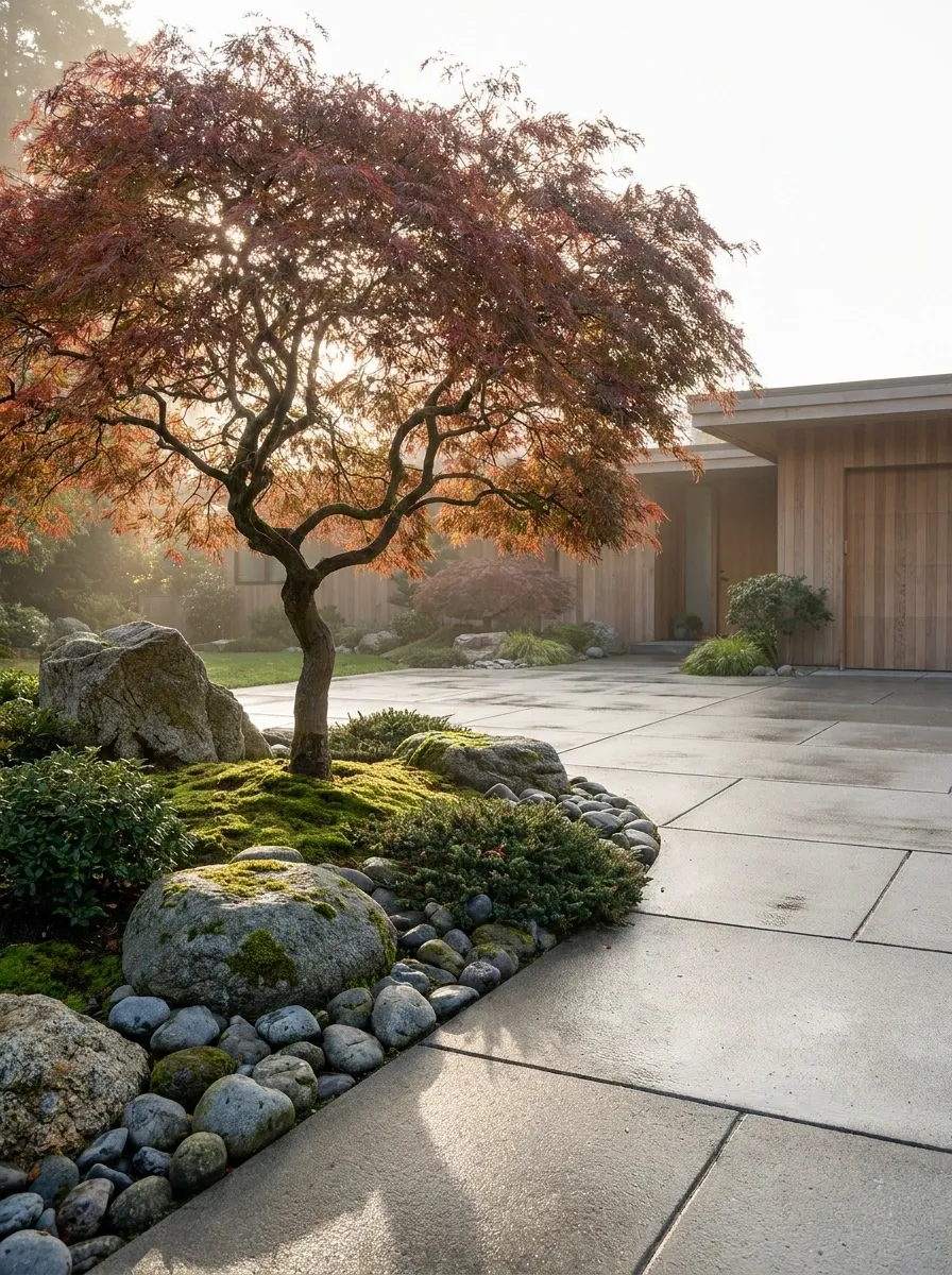 Japanese-Inspired Driveway With Stone and Maple