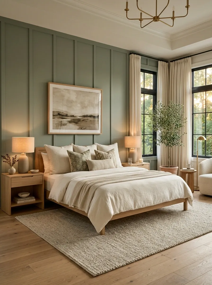 Keep Crisp White Bedding Against a Muted Green Wall