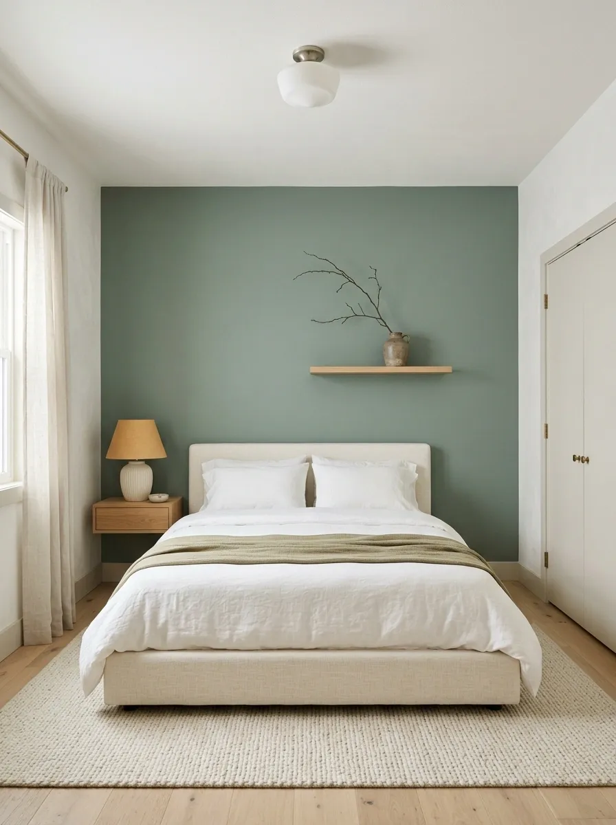 Keep Small Bedrooms Light With One Dominant Sage Surface