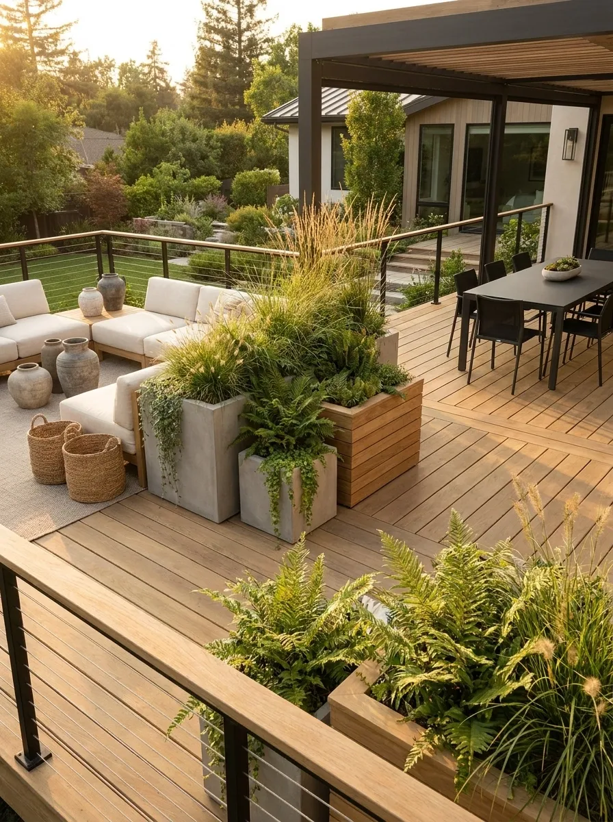 L-Shaped Deck With Planters Defining Two Separate Outdoor Rooms