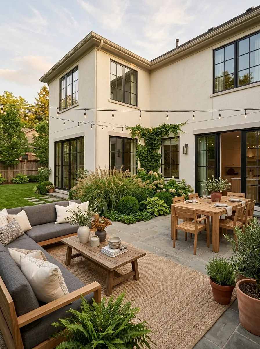 L-Shaped Outdoor Living Patio Around a Corner of the House