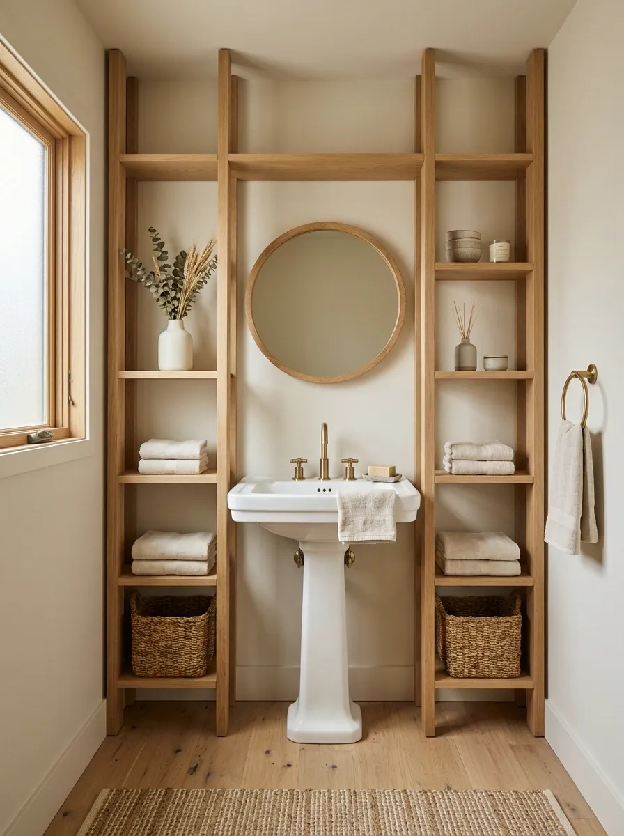 Ladder-Frame Shelving Designed Around the Pedestal