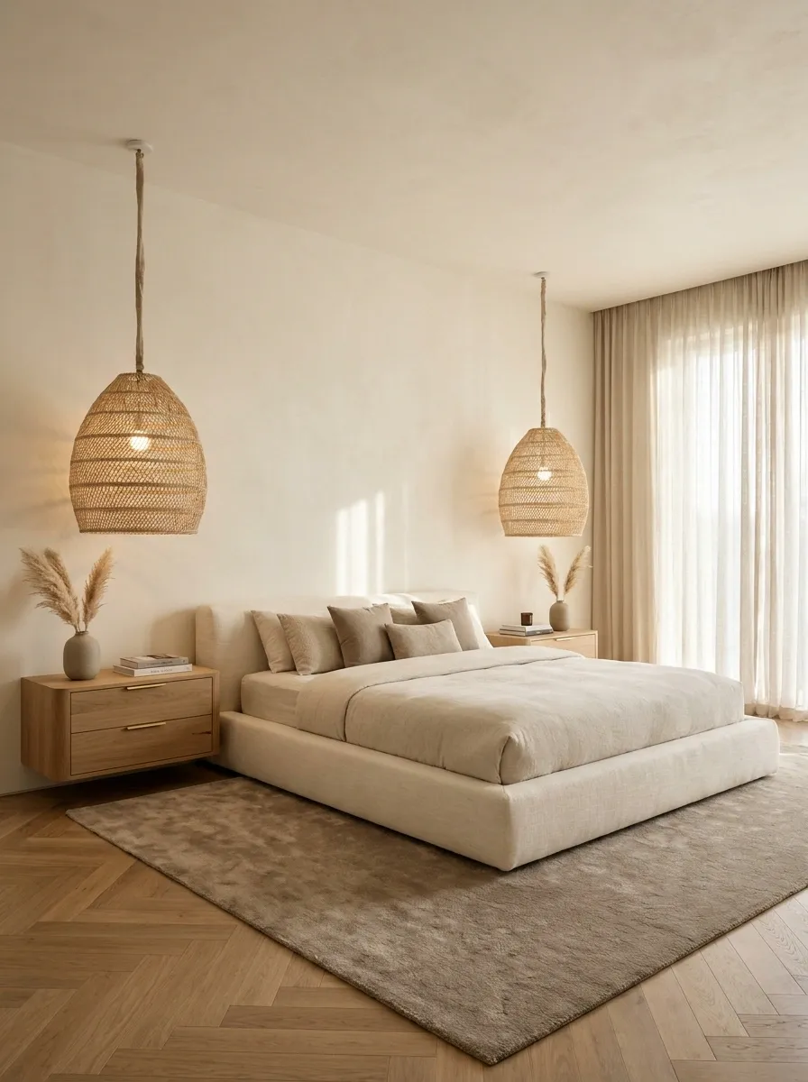 Large Pendant Lights Framing a Low Bed