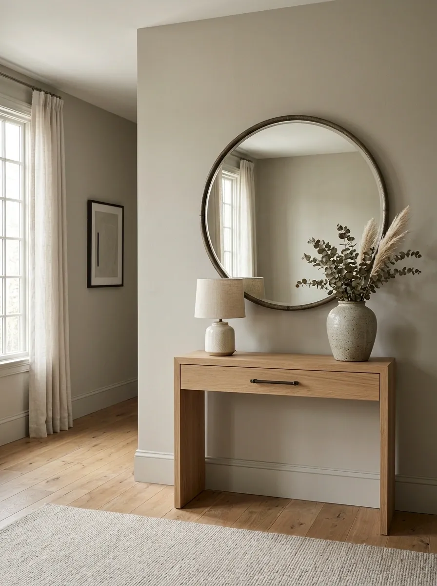 Large Round Mirror Over a Compact Console