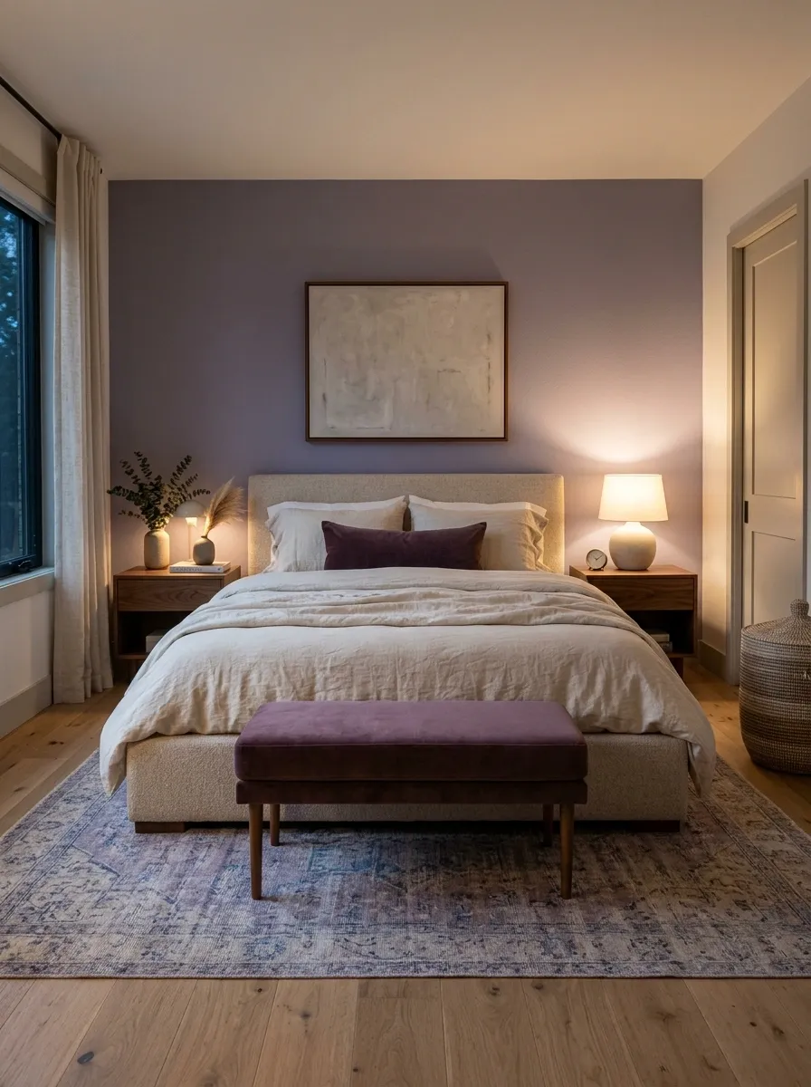 Lavender Bedroom With a Low Bed and Moody Evening Lighting