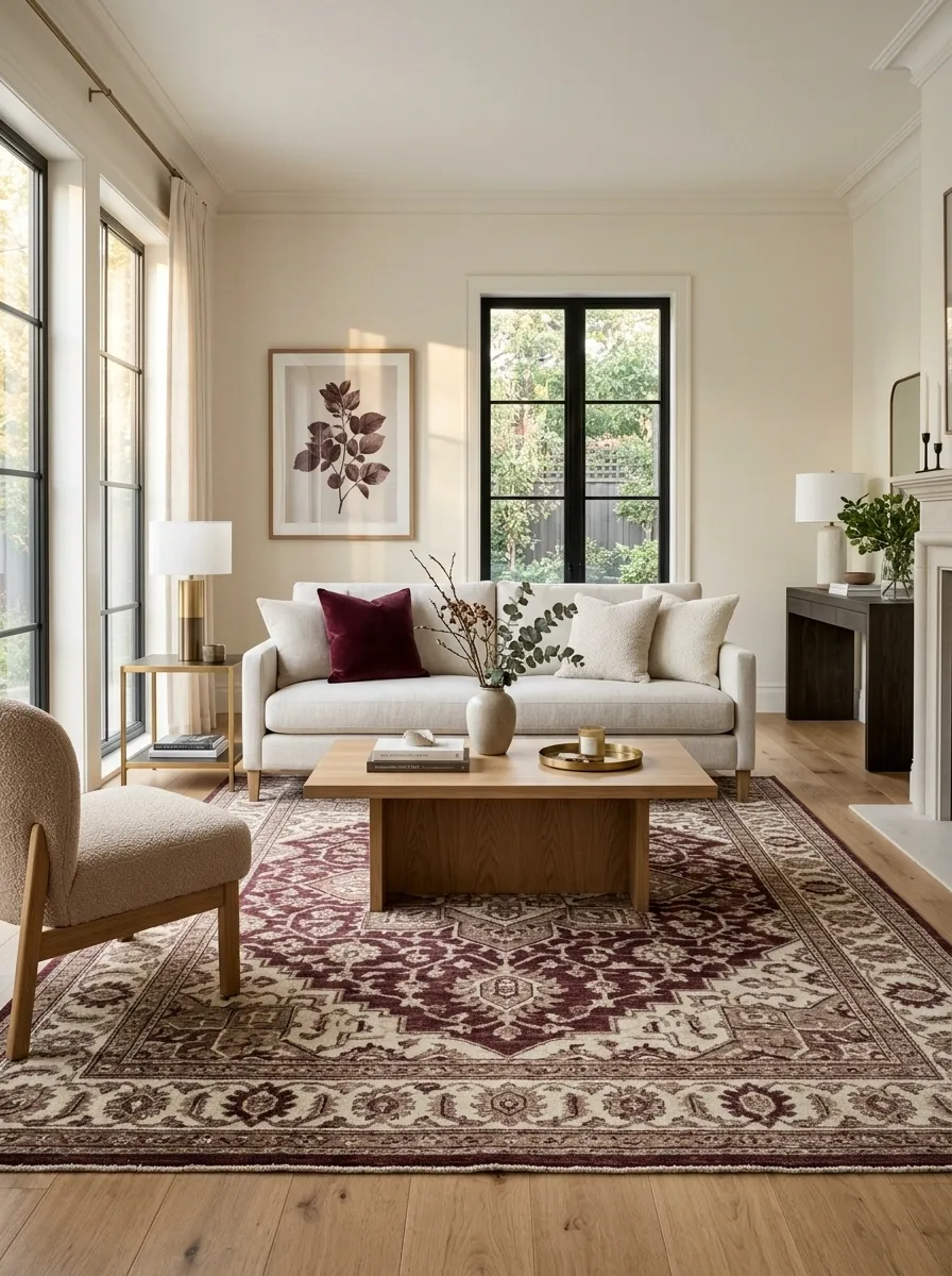 Layer a Burgundy and Ivory Rug Under Neutral Seating