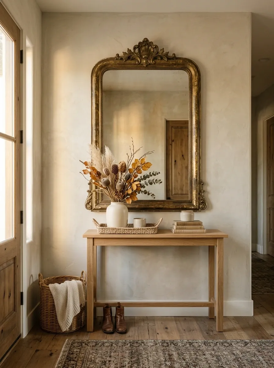 Layer a Vintage-Style Mirror Over a Textured Wall