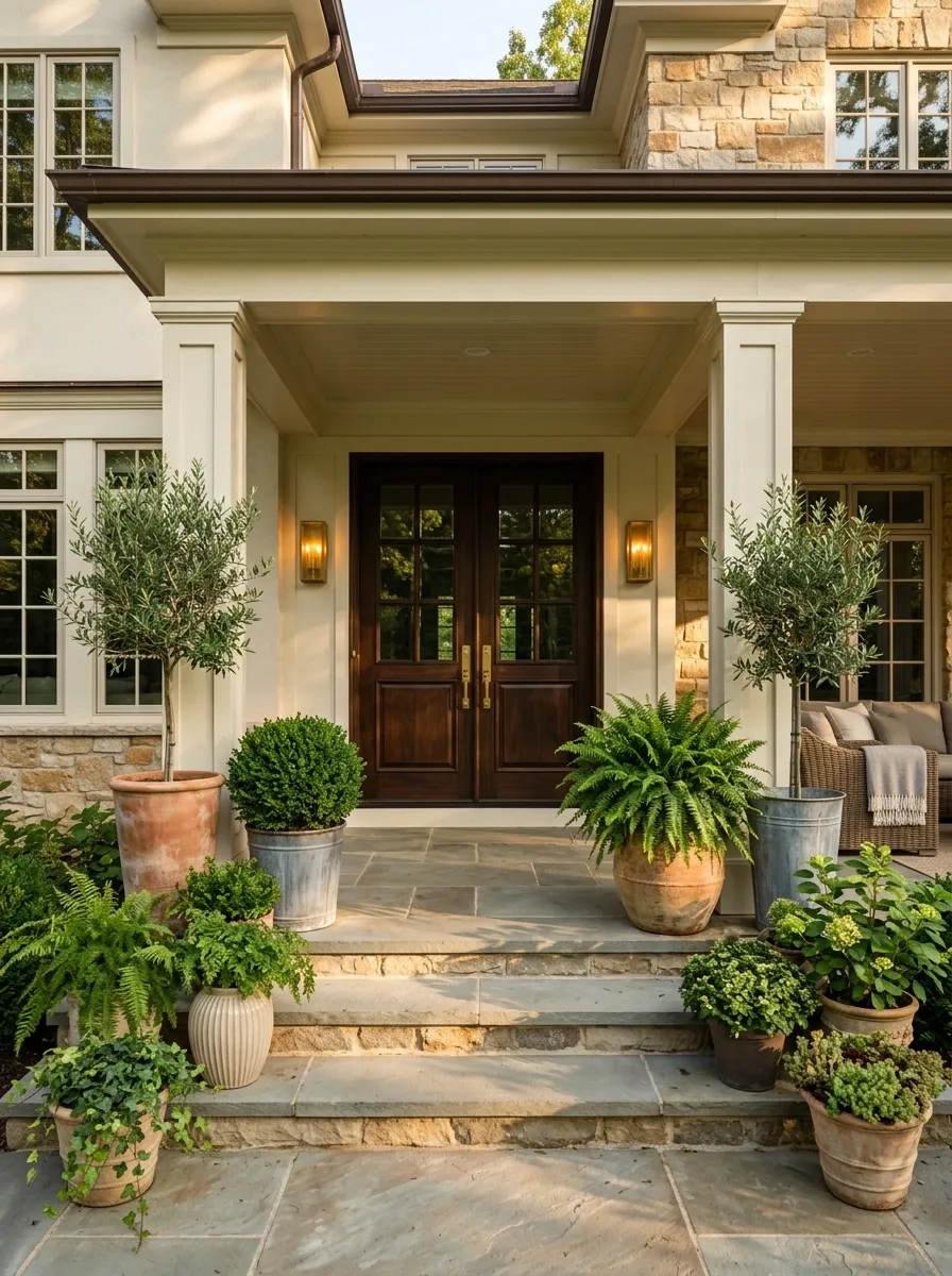 Layer floor planters around steps and corners for depth