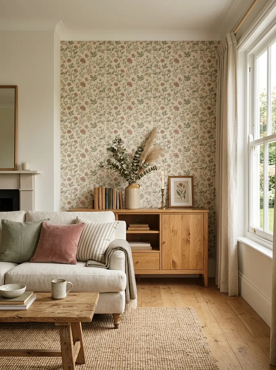 Layer Small Floral Wallpaper With Warm Wood