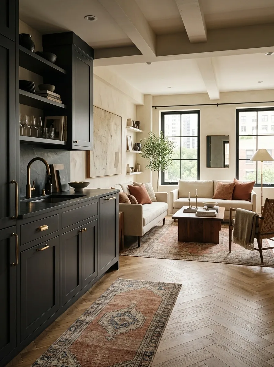 Layered Apartment With a Dark Kitchen, Warm Living Room, and Quiet Bedroom