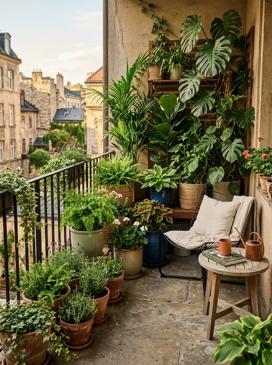 Layered Balcony Garden With Plants at Three Heights