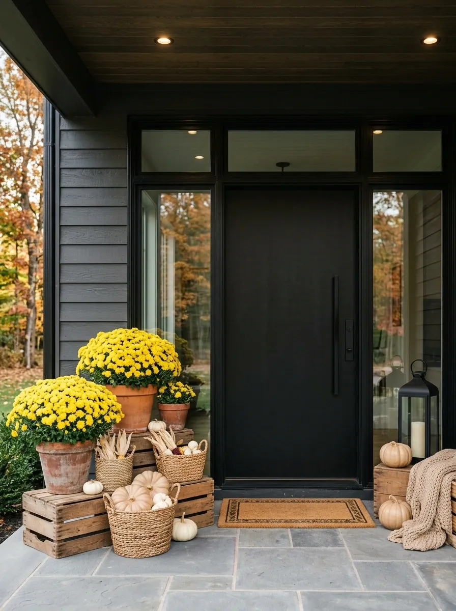 Layered Black-and-Natural Entry With Yellow Mums
