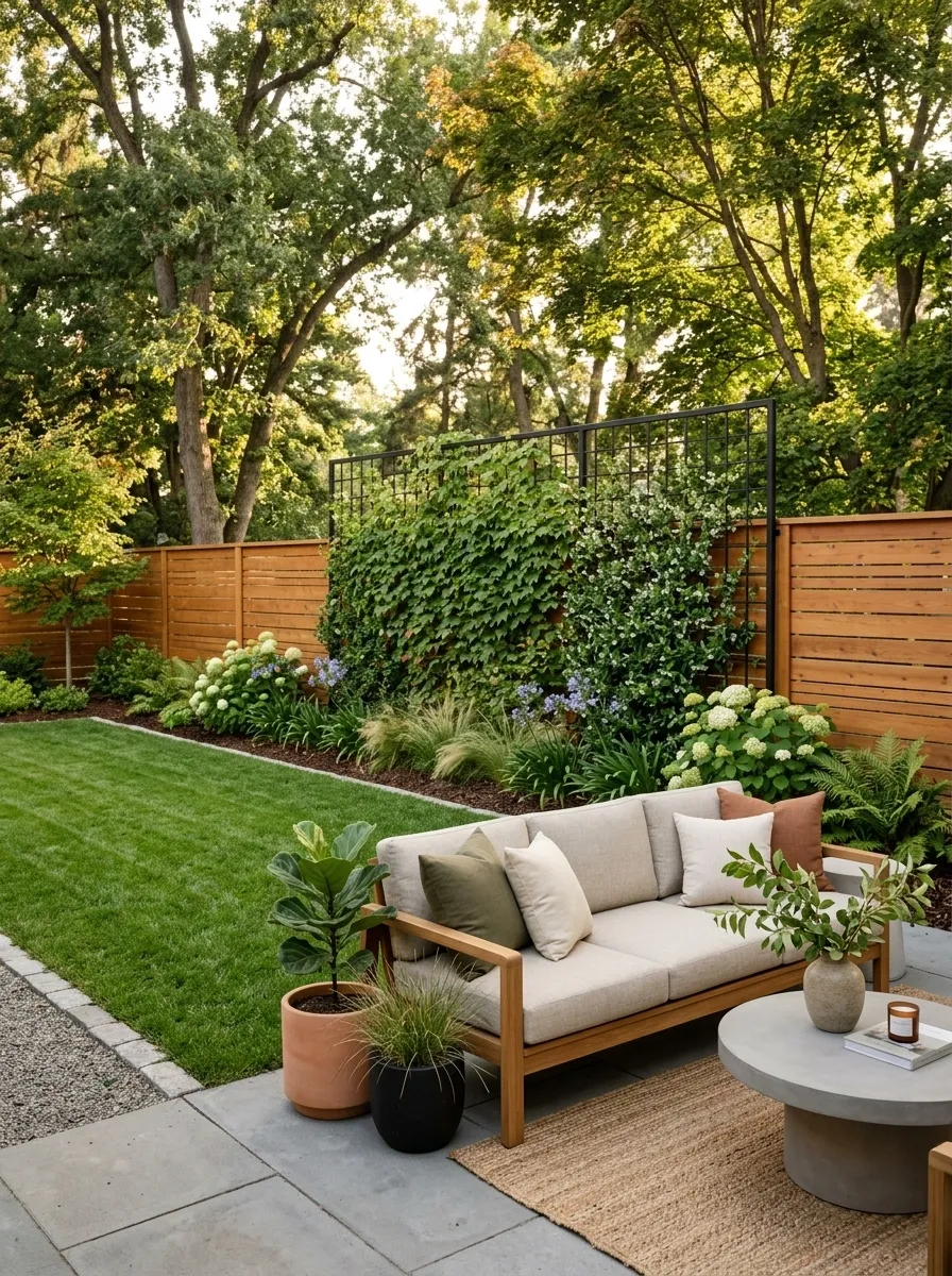 Layered Budget Backyard With Fence, Trellis, and Planting