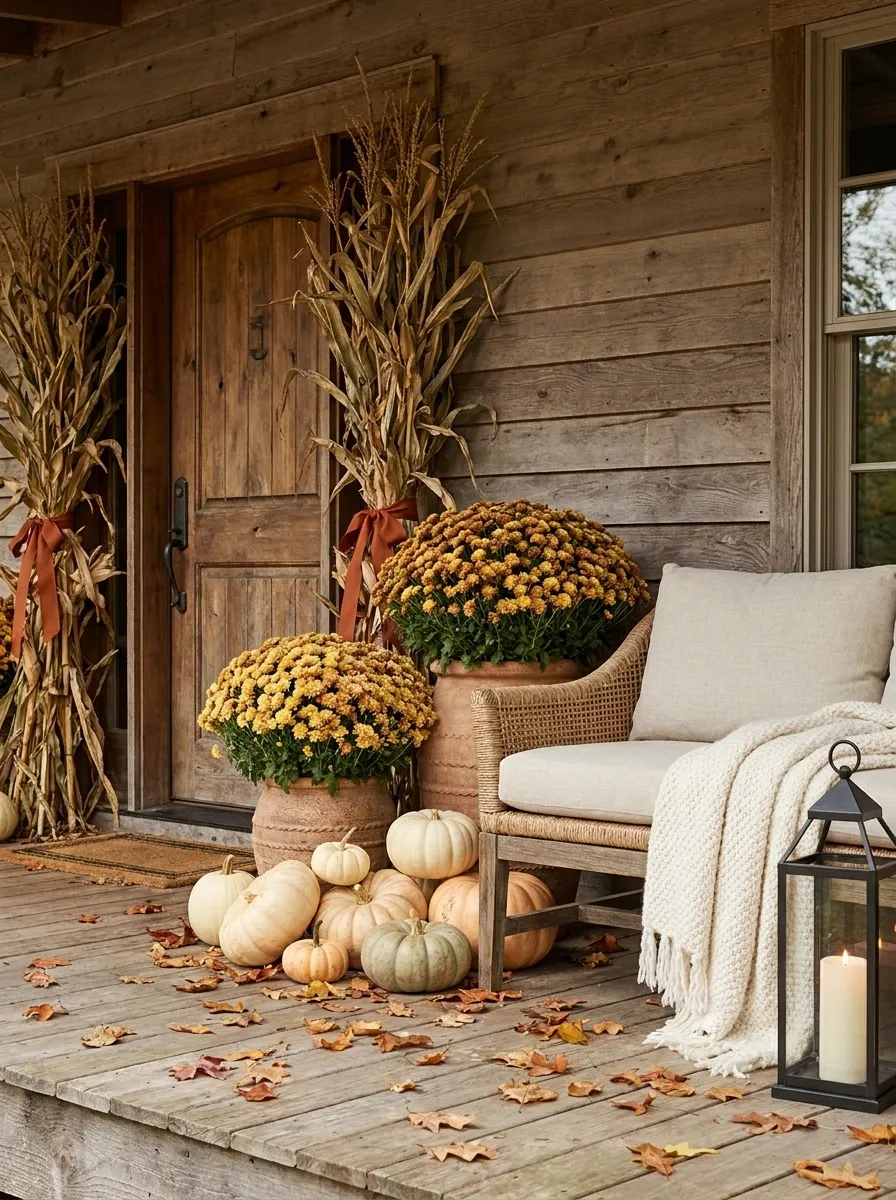 Layered Cottage Porch With Corn Stalks, Mums, and a Woven Bench