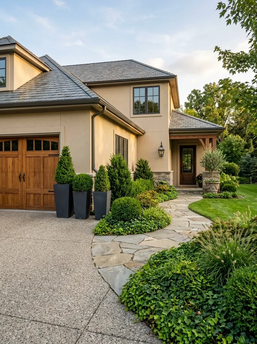 Layered Entry With Tall Planters, Shrubs, and a Stone Walkway