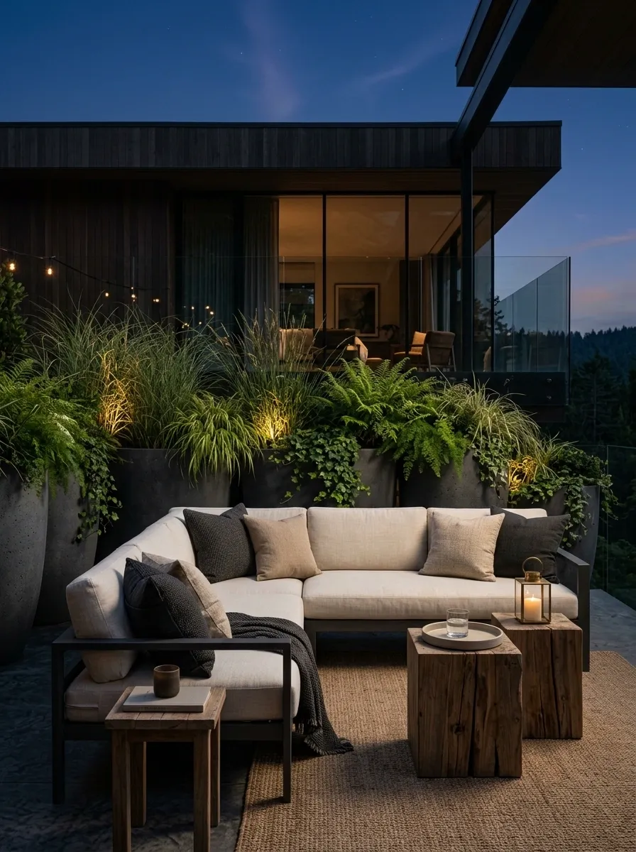 Layered Evening Deck With Planters, Warm Lighting, and a Lush Green Backdrop
