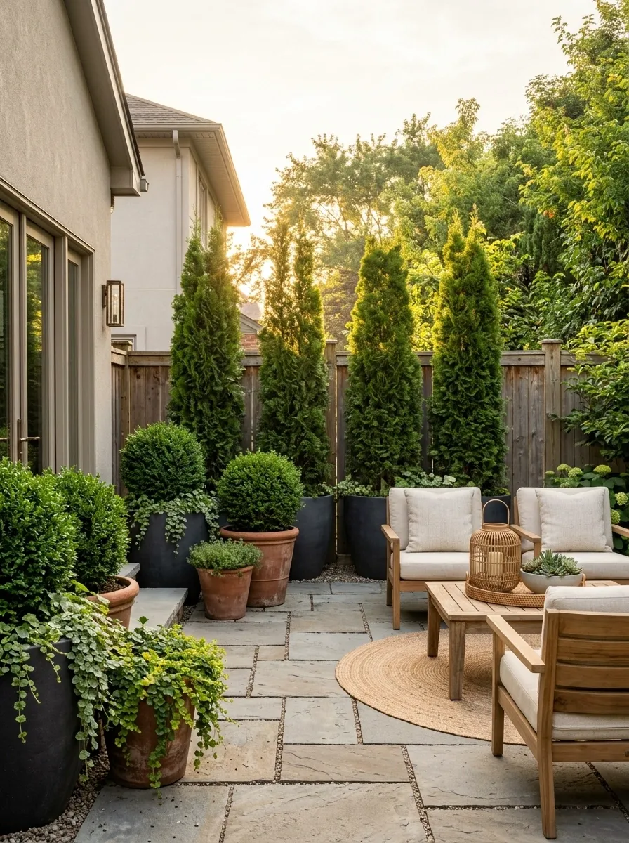 Layered Evergreen Planters Along a Shared Fence