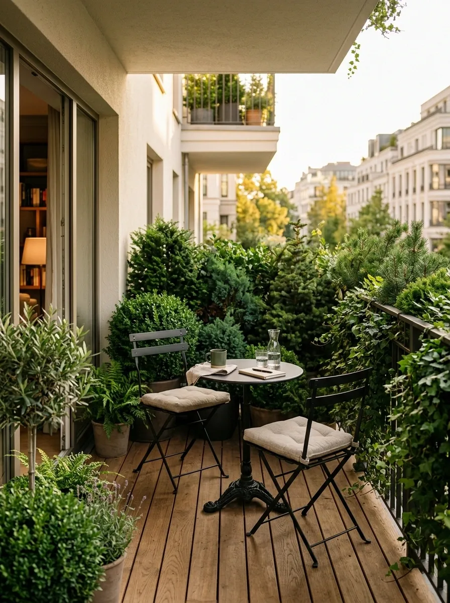 Layered Evergreen Screen With Compact Bistro Seating