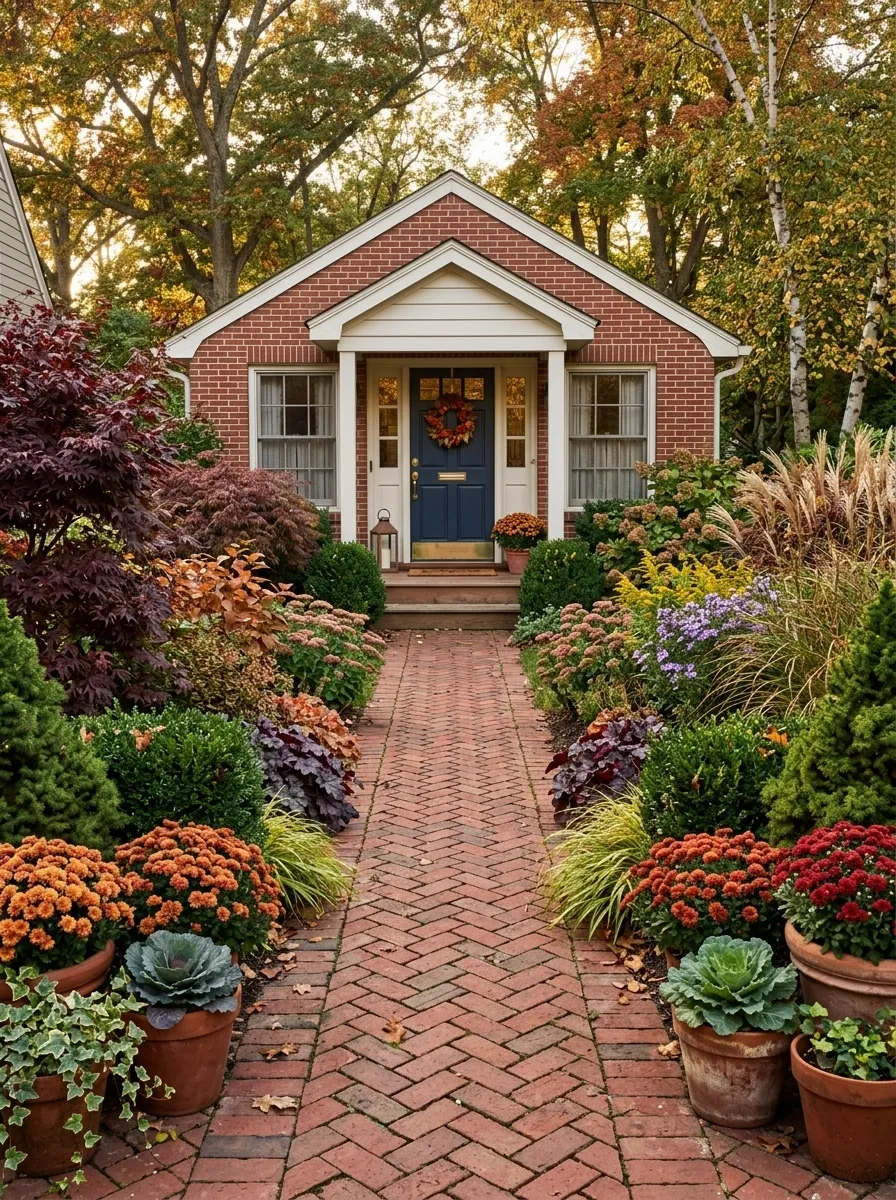 Layered Fall Planting Around a Brick Walkway