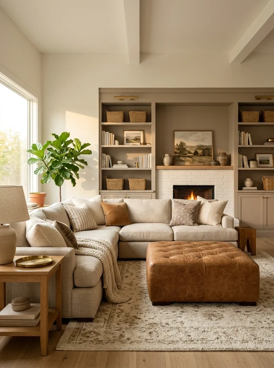 Layered Family Room With a Sectional, Ottoman, and Built-In Shelving