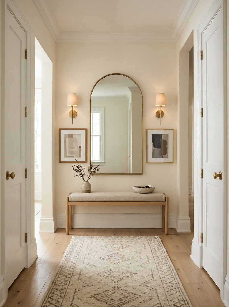 Layered Gallery With Mirror, Bench, Lighting, and Art