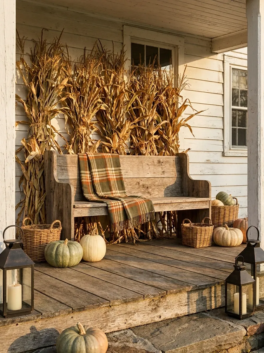 Layered Harvest Porch With Plaid, Wood, and Golden Corn