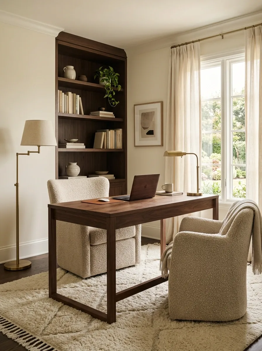 Layered Home Office With a Wood Desk and Upholstered Chair