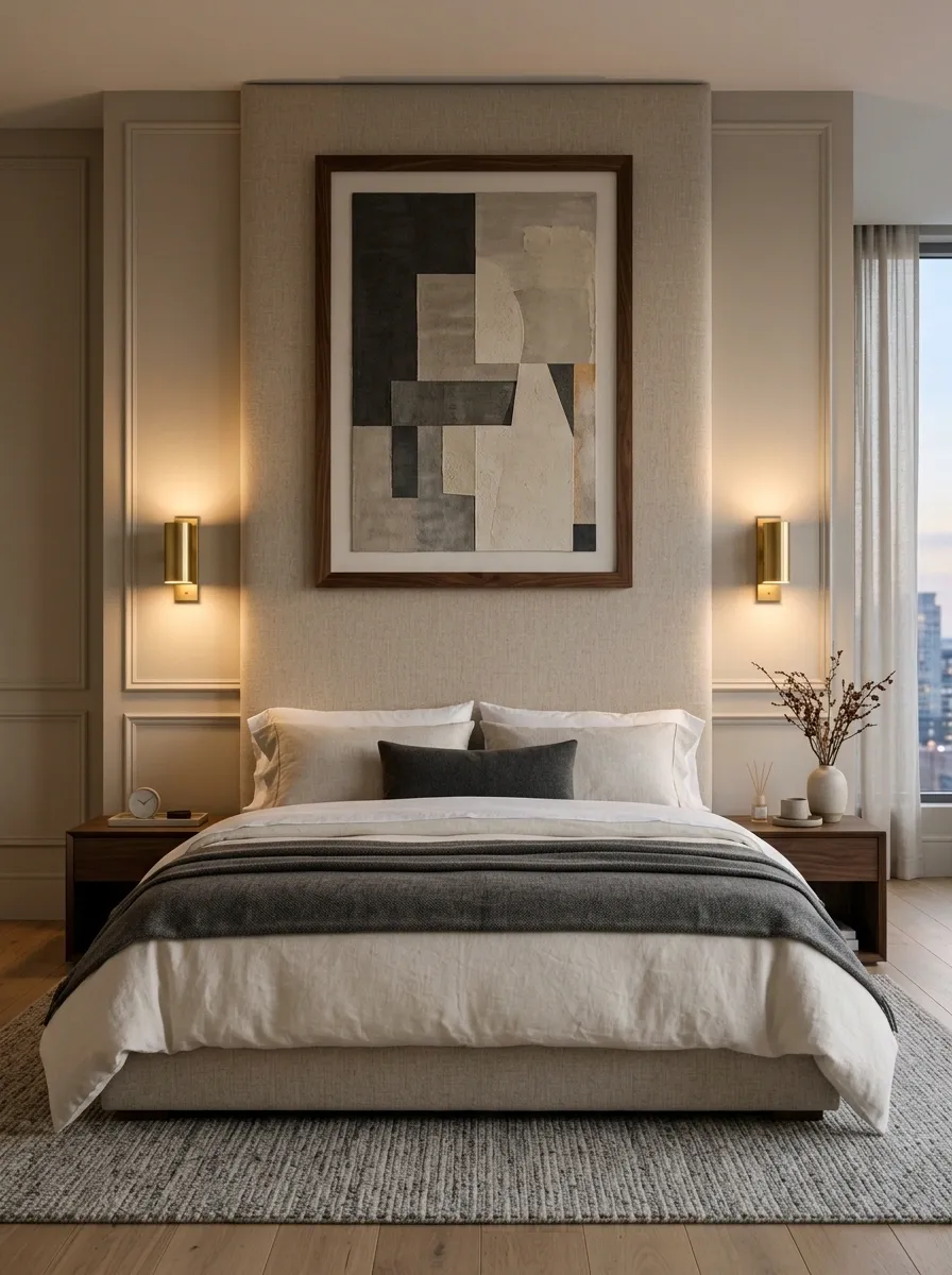 Layered Hotel-Style Bedroom With Art, Sconces, and Upholstery