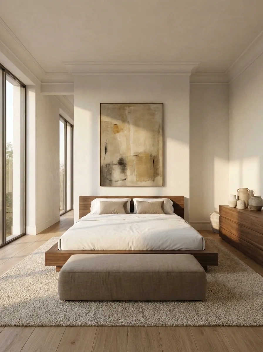 Layered Neutral Bedroom With a Large Art Piece and Oversized Rug