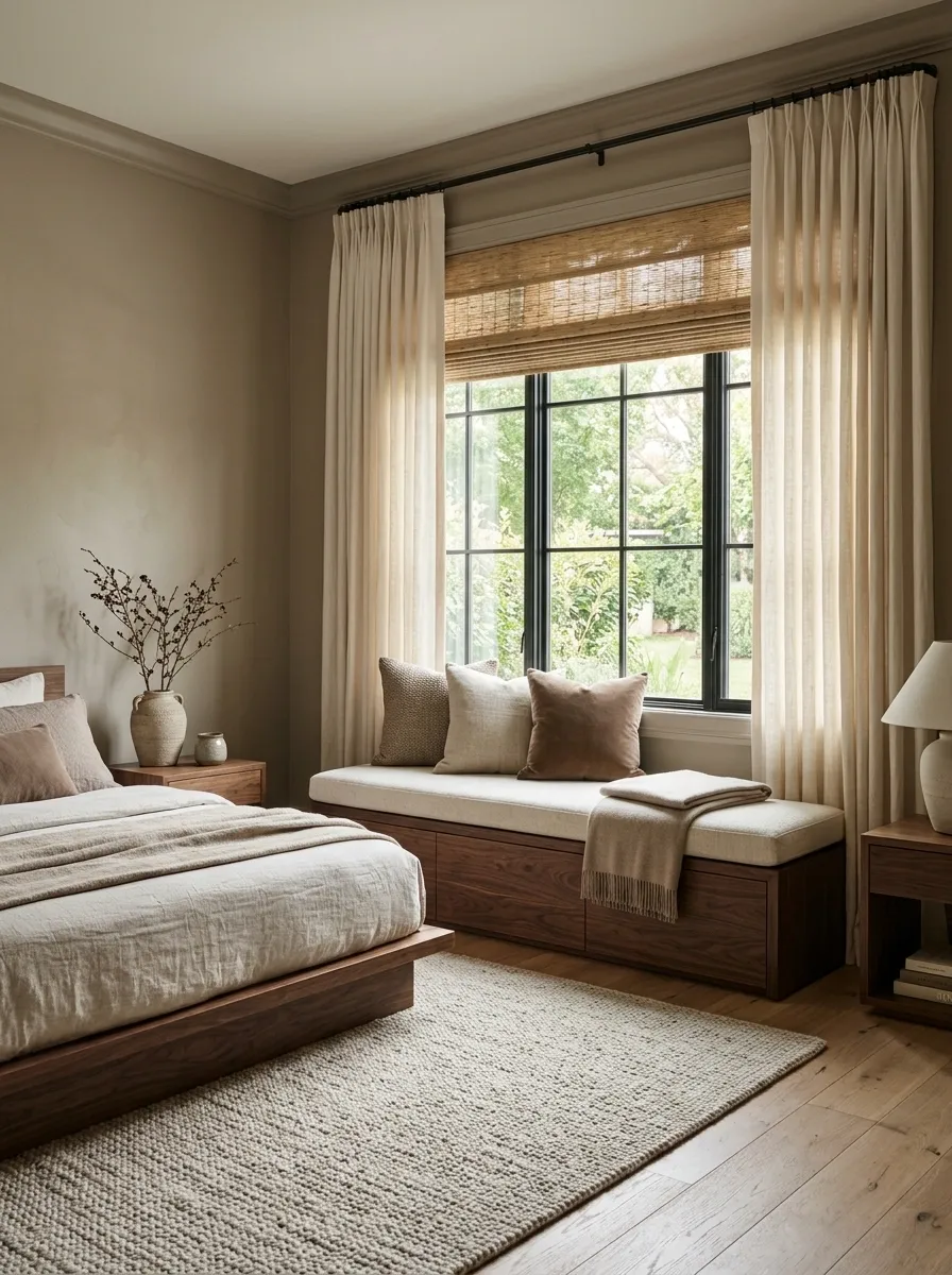 Layered Neutral Bedroom With a Low Walnut Window Bench