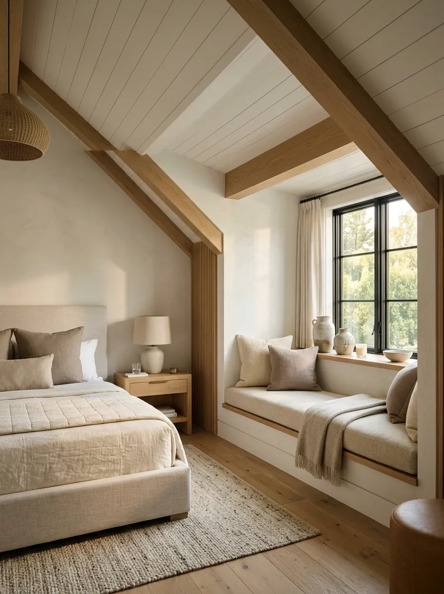 Layered Neutral Bedroom With a Window Seat Under the Eaves