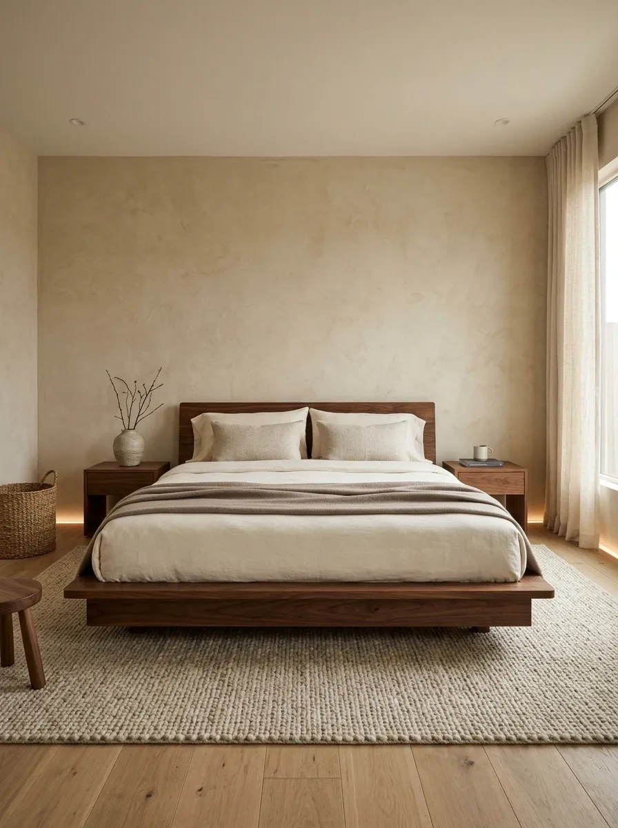 Layered Neutral Bedroom With Low Walnut Furniture and Textured Walls