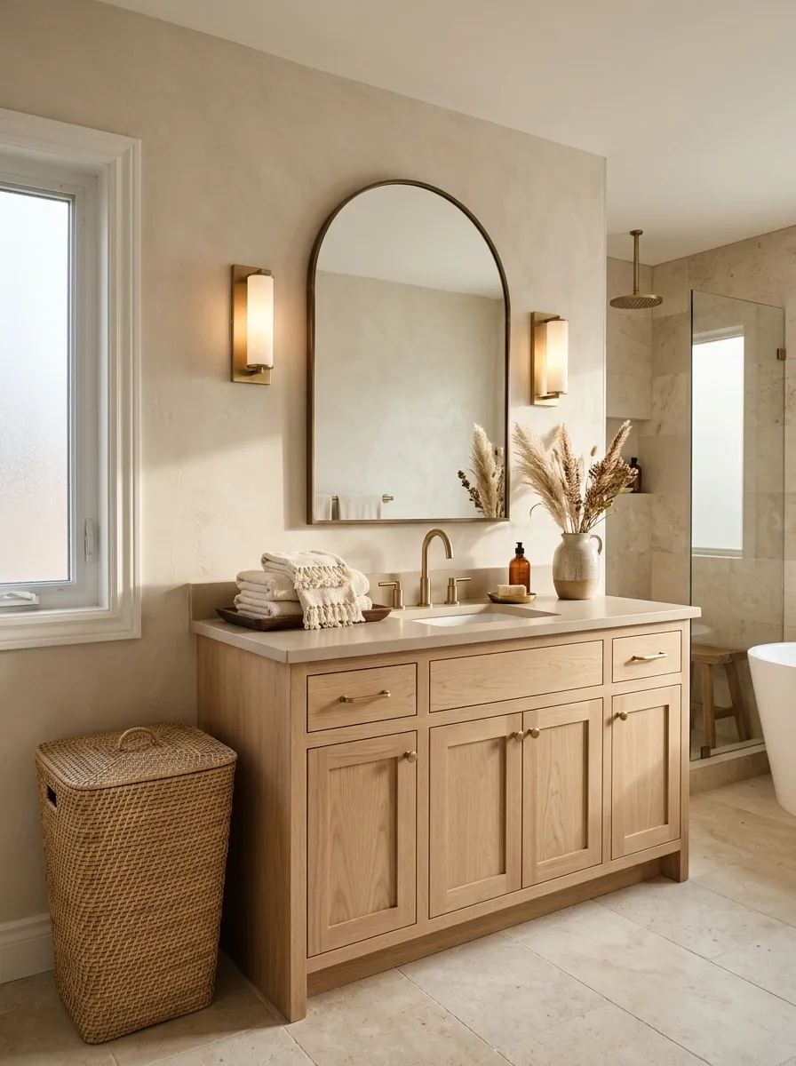 Layered Neutral Beige Bathroom With Multiple Natural Textures