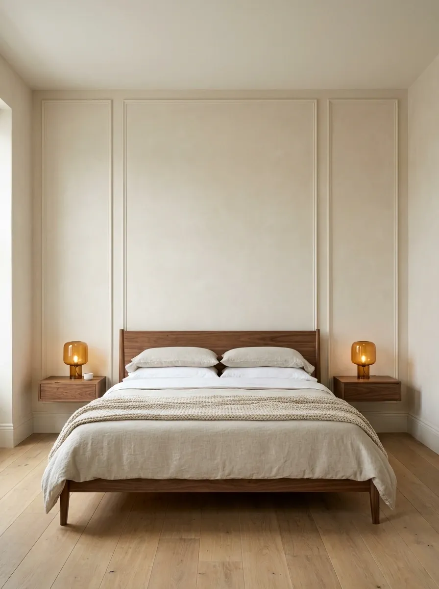 Layered Neutral Feature Wall With Plaster, Molding, and Walnut