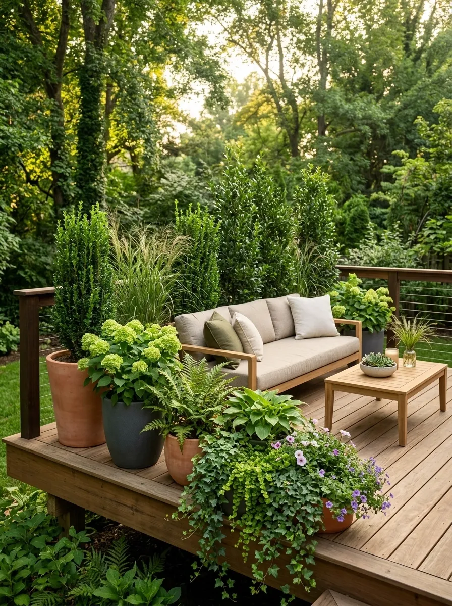 Layered Potted Shrubs Around a Small Deck
