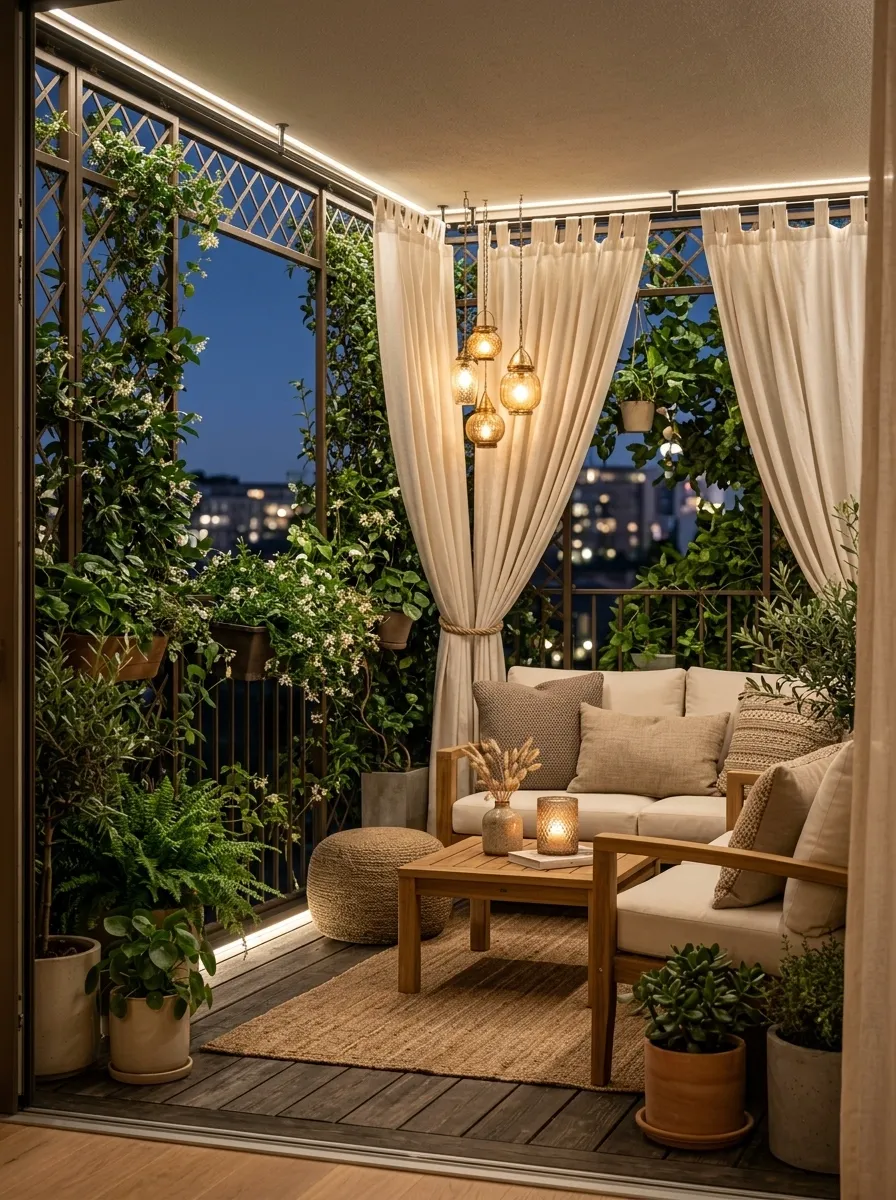 Layered Privacy Balcony With Trellis, Curtains, and Plants