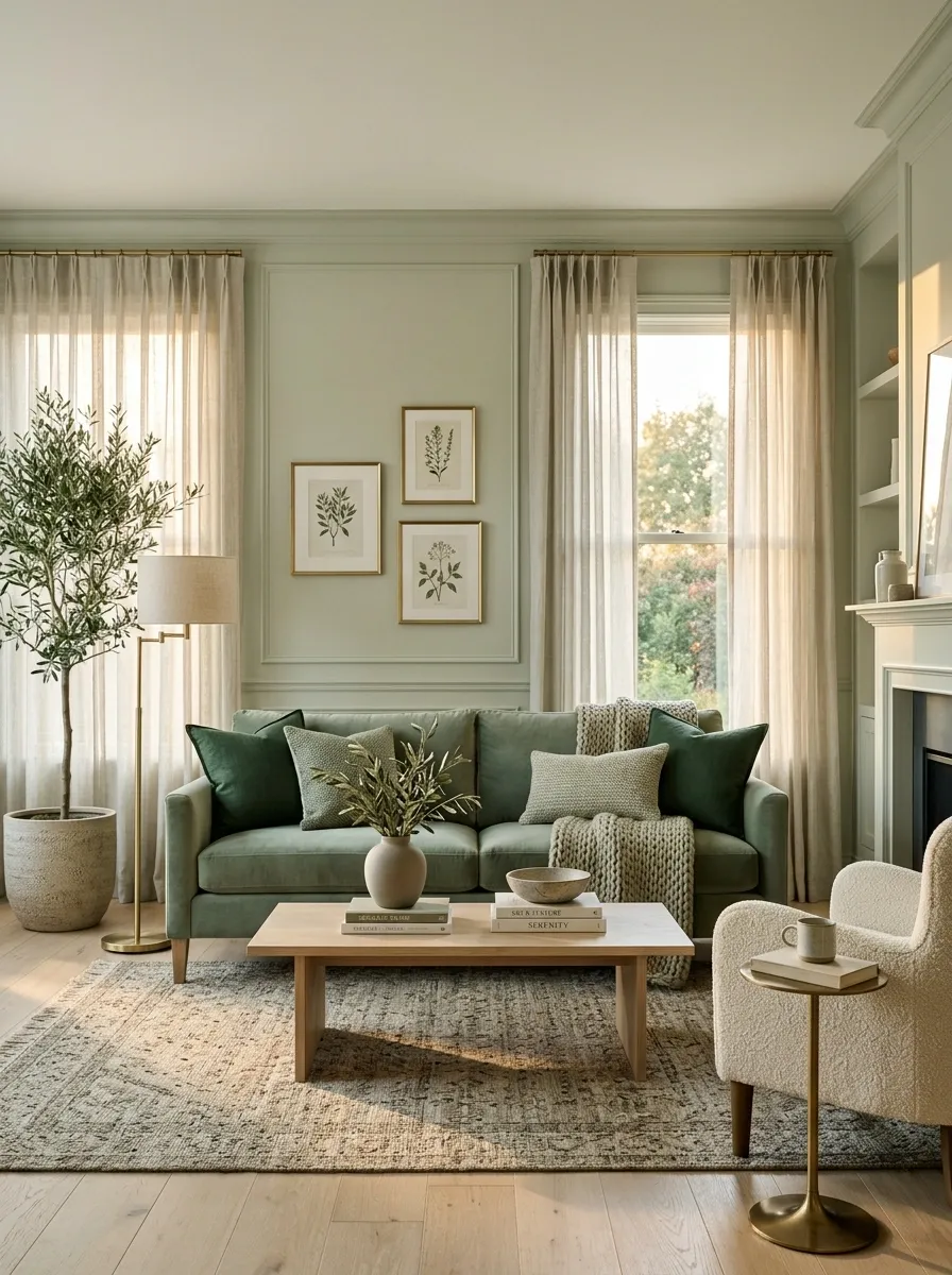 Layered Sage Green Living Room With Several Green Tones