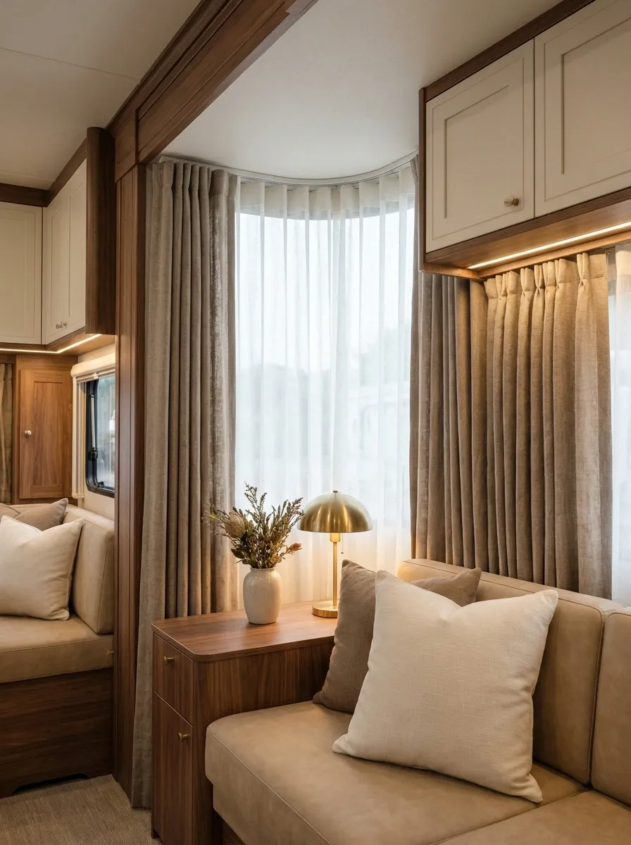 Layered Sheer and Linen Curtains in a Luxury RV
