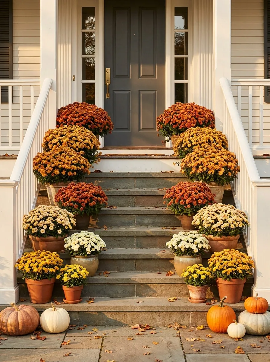 Layered Staircase With Mums on Every Landing
