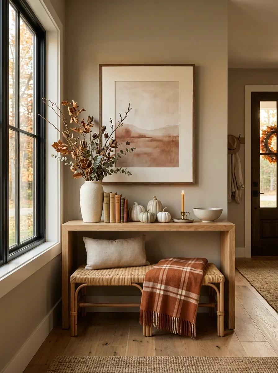Layered Textile Entry With Warm Wood Console and Fall Bench