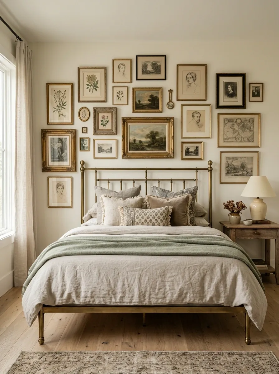 Layered Vintage Gallery Wall Around an Antique Brass Bed
