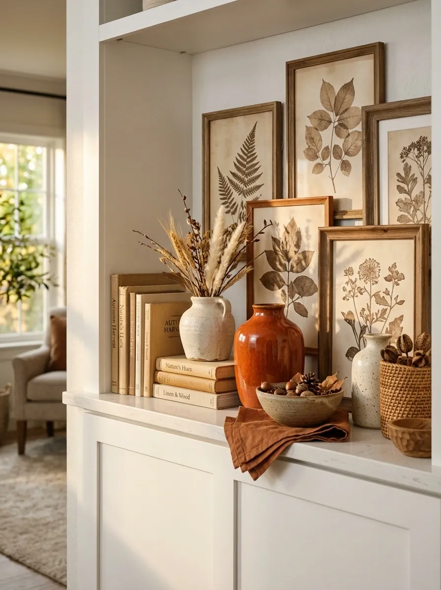 Layered White Shelf With Sepia Art and Burnt Orange Accents