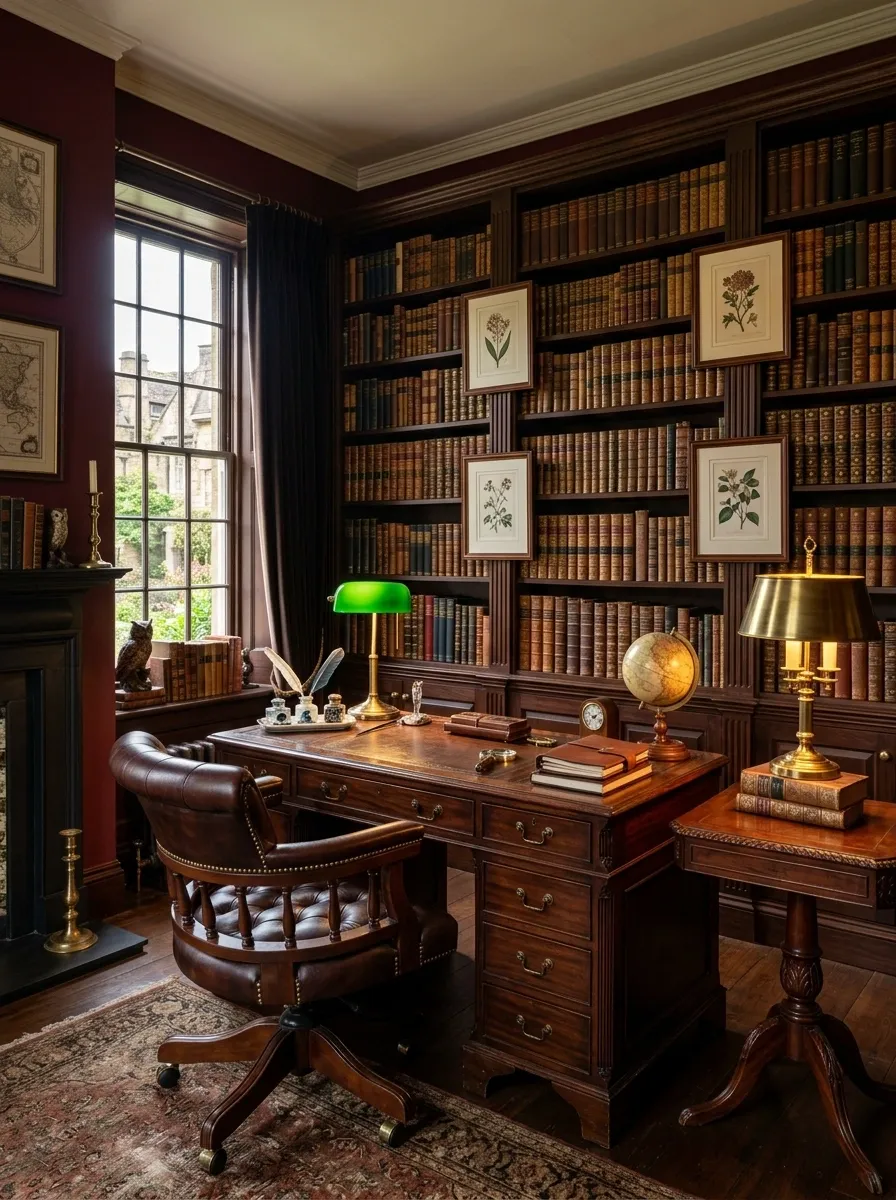 Leather Library Desk With Burgundy Walls