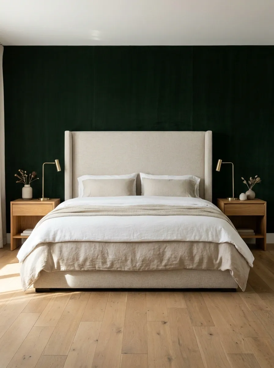 Let a Light Upholstered Headboard Soften Deep Green