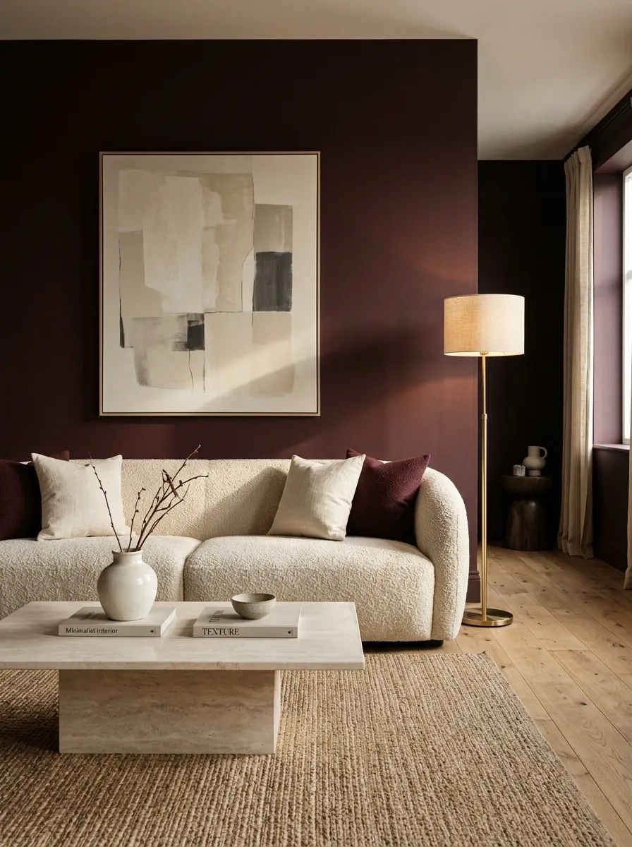 Let Burgundy Walls Meet Creamy Boucle Seating