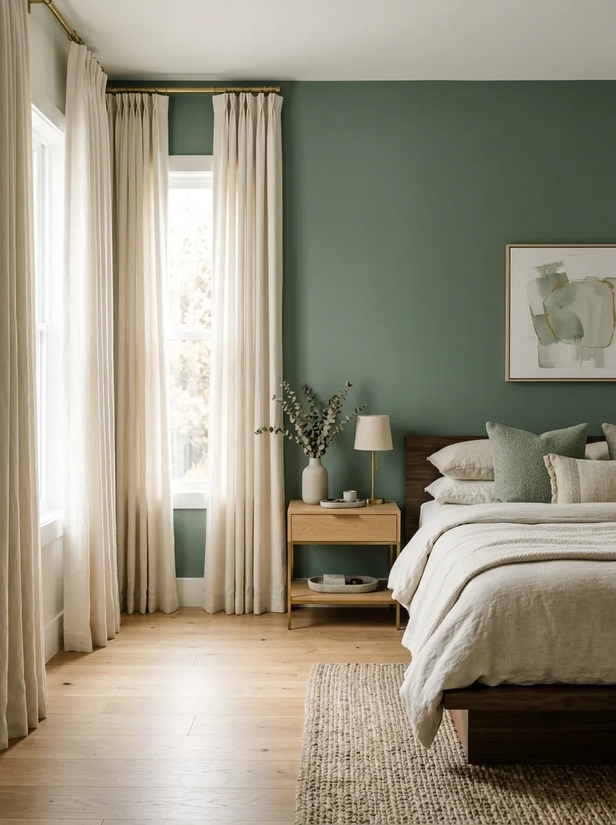 Let Cream Curtains Soften a Full Sage Wall