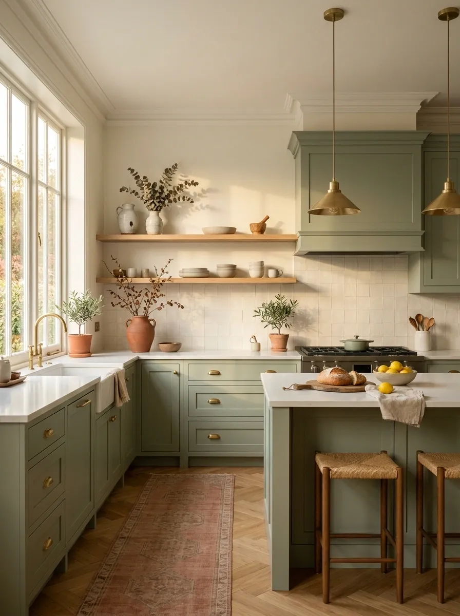 Let Cream, Green, and Terracotta Warm Up a Flat Kitchen