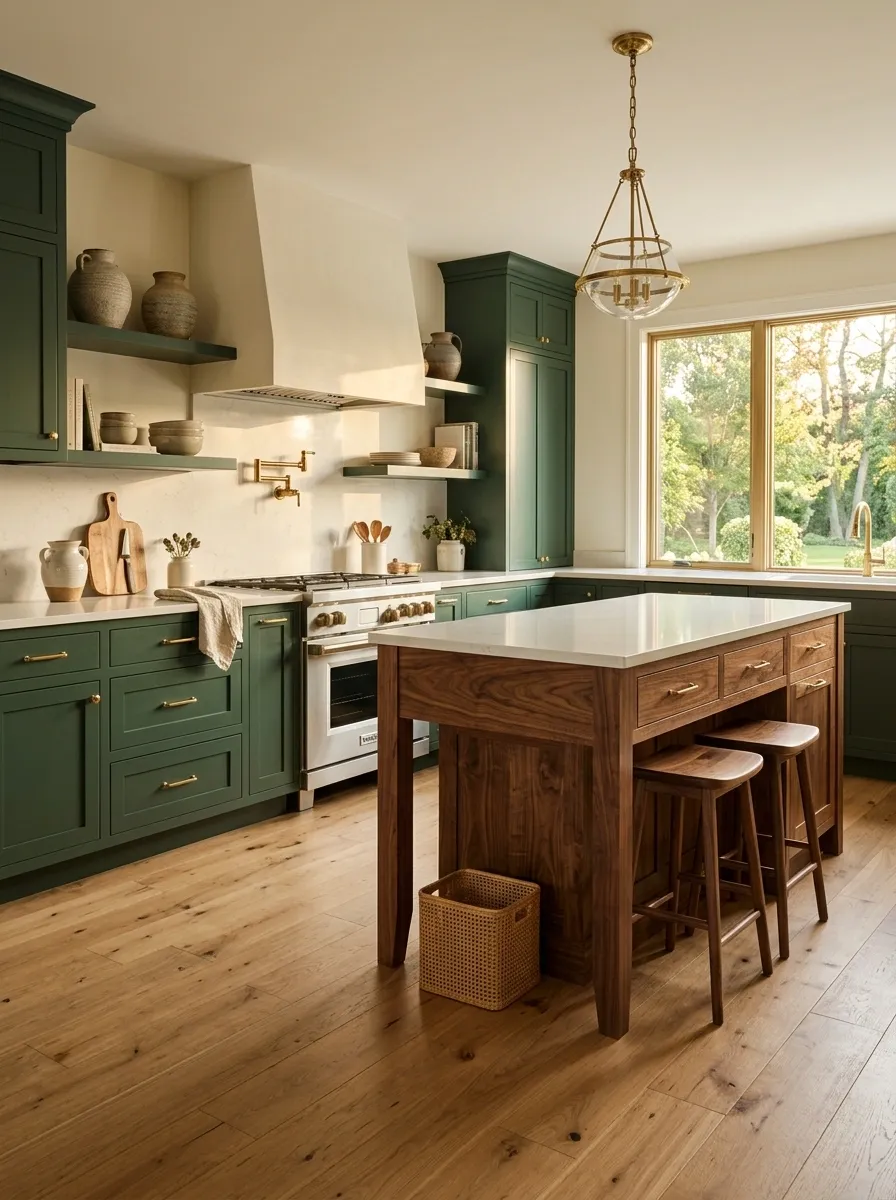 Let Natural Wood Break Up a Deep Green Kitchen