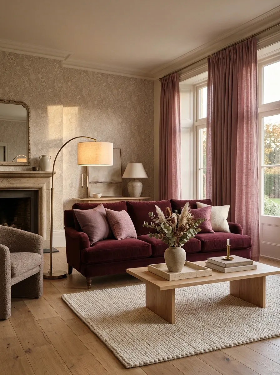 Let Patterned Wallpaper Meet a Burgundy Sofa