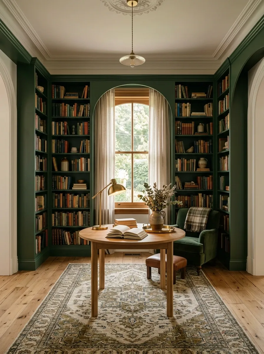 Library Built Into a Former Dining Room With Central Round Table